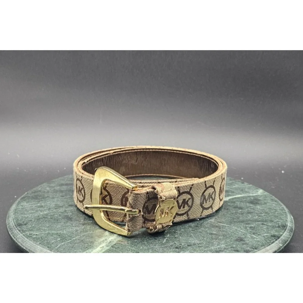 Michael Kors Signature Monogram Logo Canvas Leather Belt Gold Buckle Size L